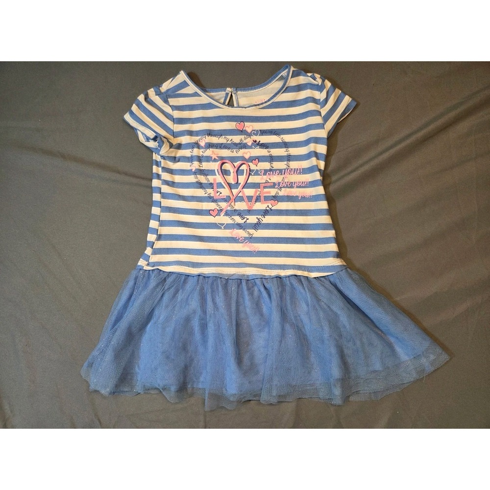 530 Girls 2T Kidtopia Blue Cream Striped LOVE Tutu Dress Short Sleeve